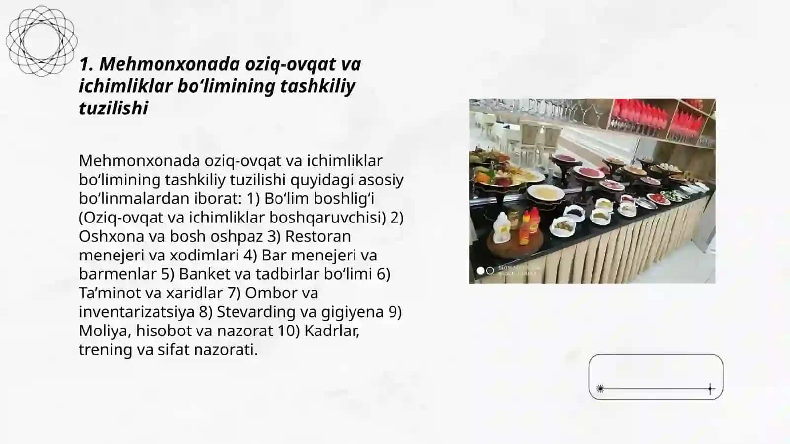 Mehmonxonada food and beverage bölimi 3