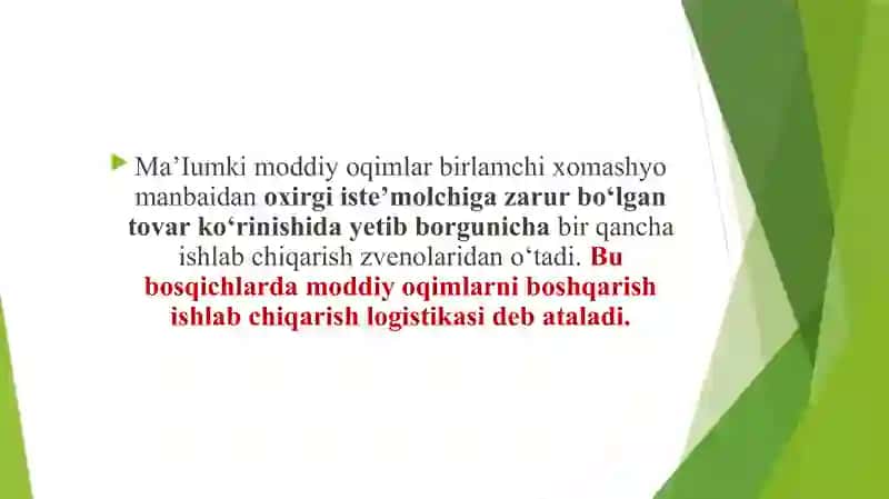 MAVZU:Ishlab chiqarish logistikasi.. TAQDIMOT 3