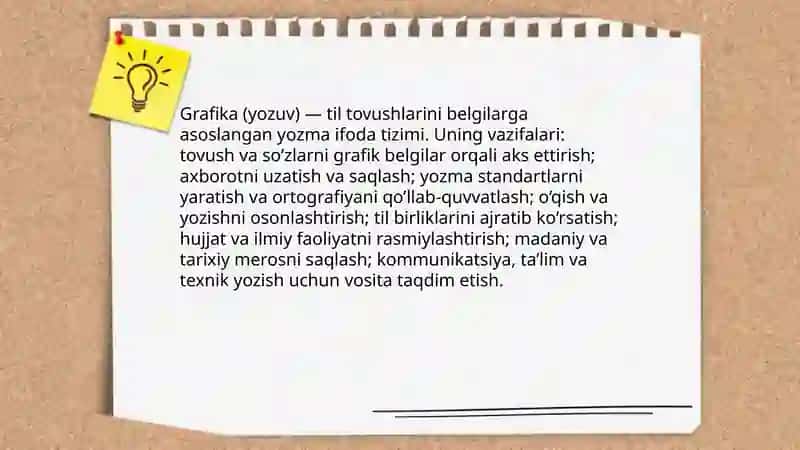 Grafika(yozuv) va grafik vositalar. Yozuvning turlari. Orfografiya, uning asosiy tamoyillari 3