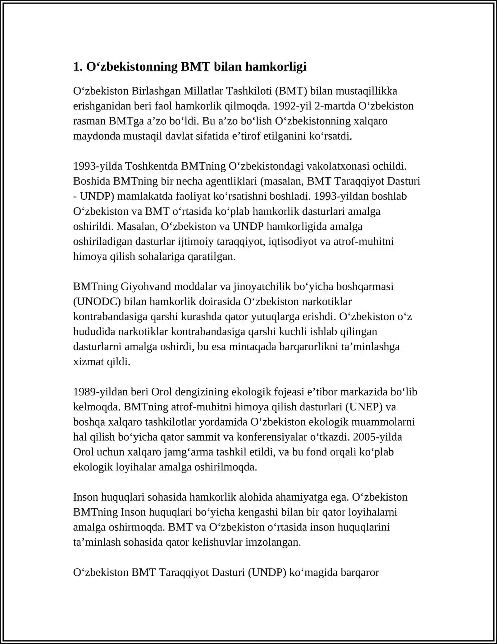 OʻZBEKISTONNING XALQARO TASHKILOTLAR BILAN HAMKORLIK ALOQALARI 3