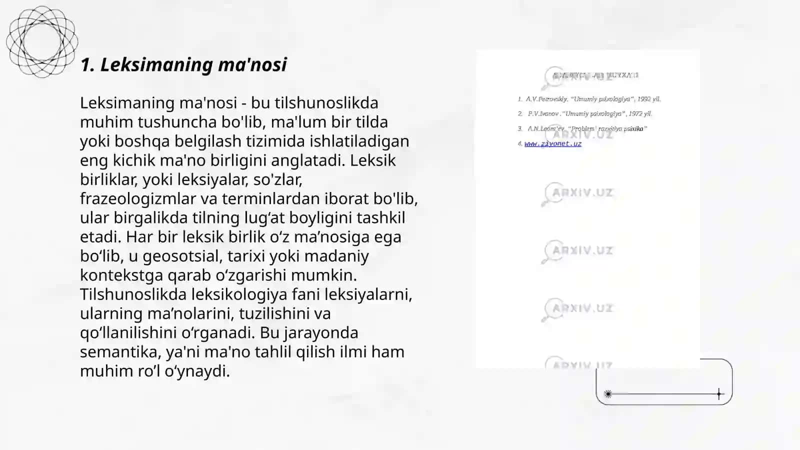 Leksimalarning semantik tabiati. Leksima Semima 3