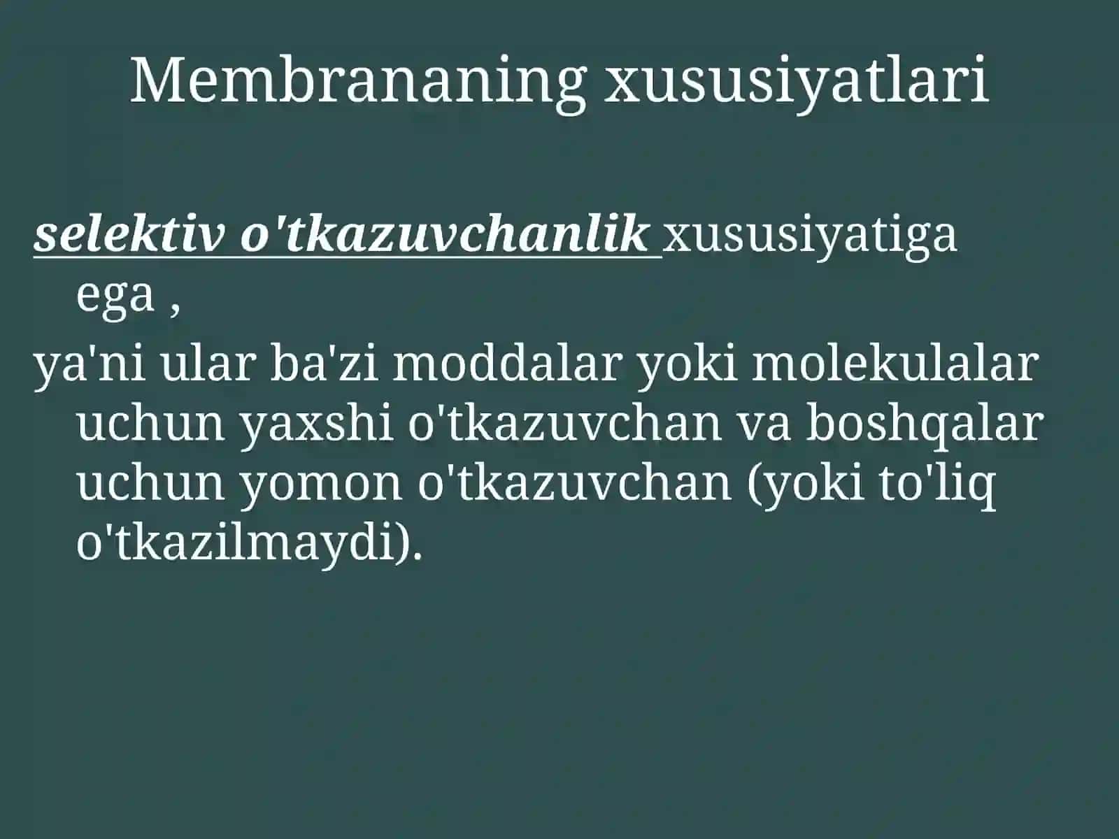 Organizmning kimyoviy tarkibi va biokimyoviy jarayonlarda ishtirok etadigan molekulalar. Membranalar bo'ylab moddalarni tashilishi 3