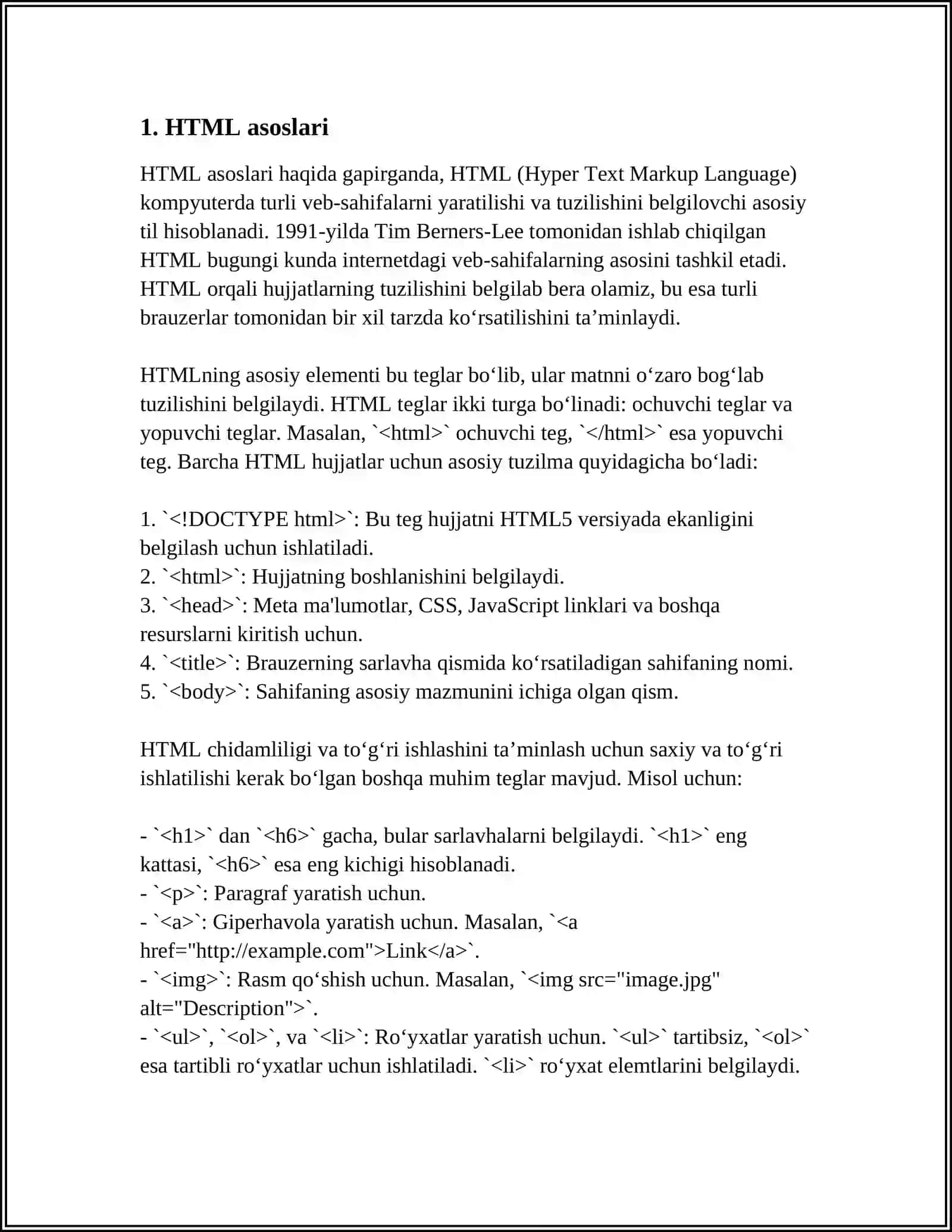 HTML TILIGA KIRISH UNING ASOSIY ELEMENTLARI.TEG TUSHUNCHASI 3