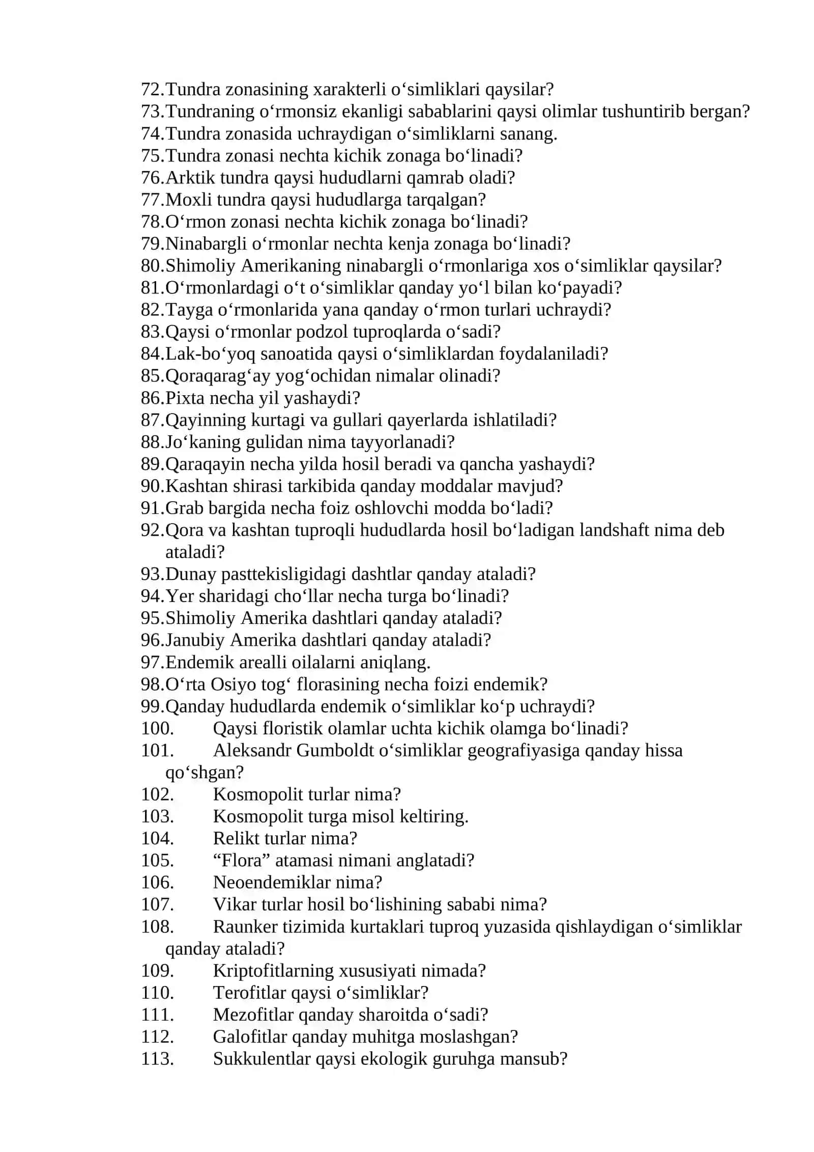 O‘SIMLIKLAR GEOGRAFIYASI FANIDAN TEST SAVOLLARI 3