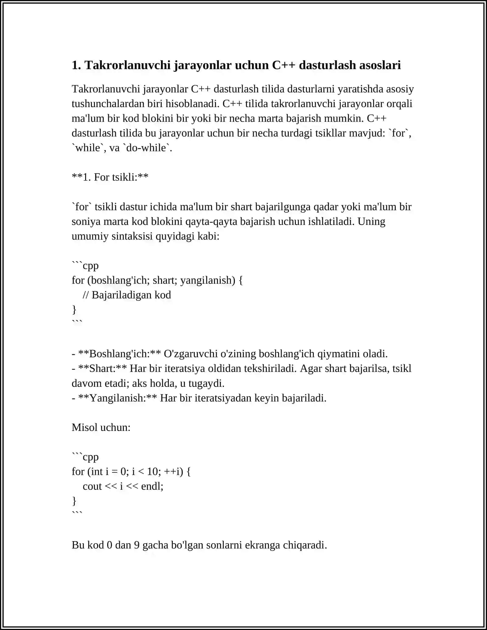 C++ TILIDA SIKLLARDAN FOYDALANIB TAKRORLANUVCHI JARAYONLARNI DASTURLASH 3