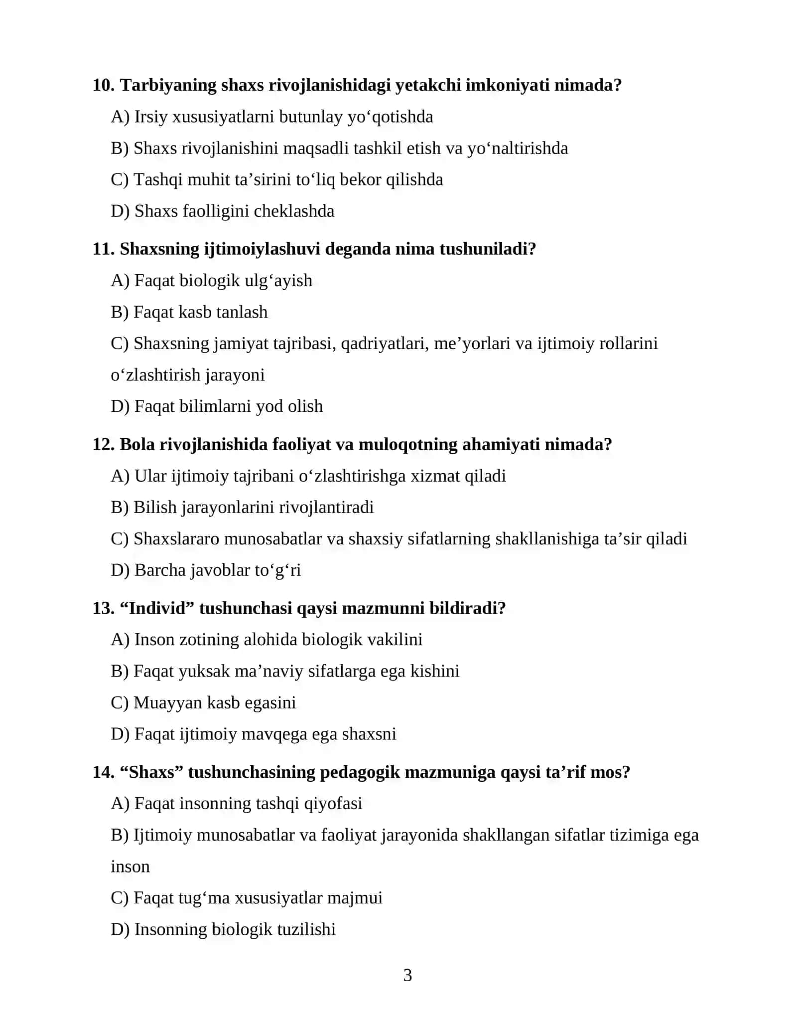 Pedagogika Fanidan 100 ta Test 3