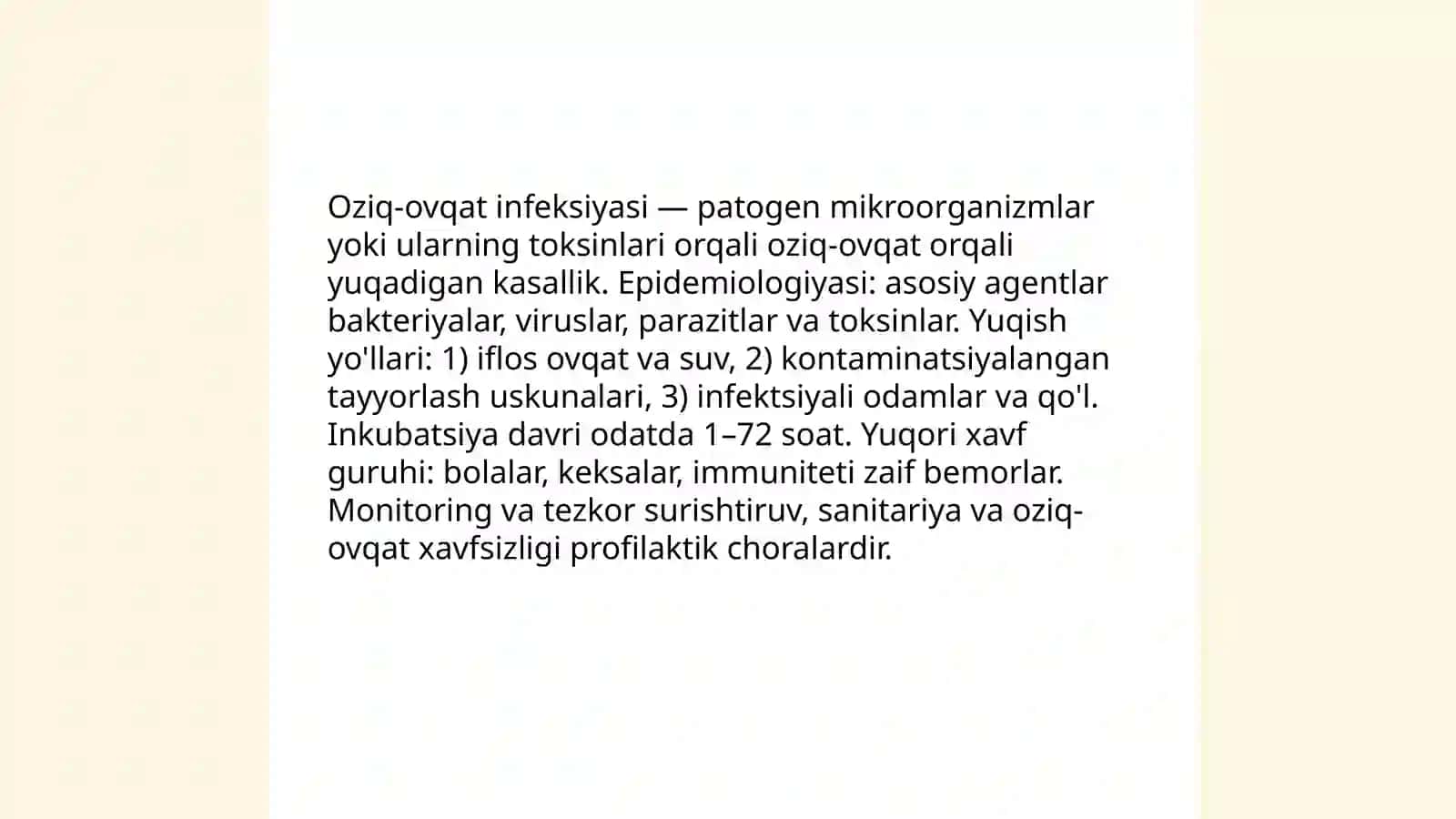 Oziq-ovqat infeksiyalari. Infeksion manbalari. Inson salomatligi uchun xavfni oldini olish 3