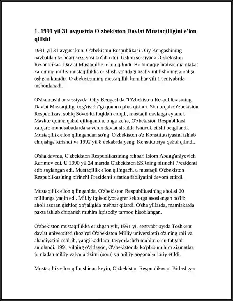 O'ZBEKISTON DAVLAT MUSTAQILLIGINING E'LON QILINISHI 3