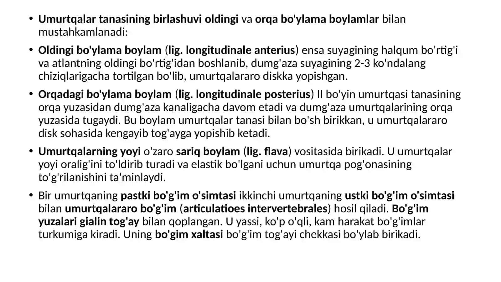 Umurtqalarning o’zaro birlashuvi. Umurtqa pog’onasi. Qovurg’alarning umurtqalar va to’sh suyagi bilan birlashuvi. Ko’krak qafasi Yelka kamari suyaklarining birlashuvi. Qo’l soxasidagi suyaklarning o’zaro birlashuvi 3