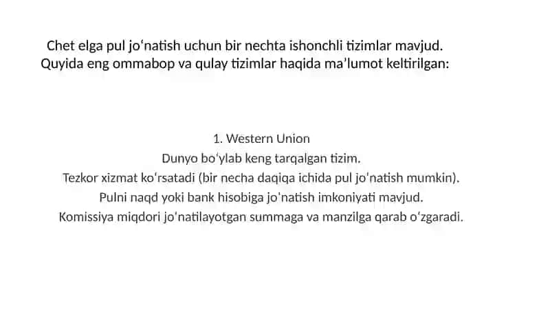 CHET ELGA PUL JONATISH TIZIMLARI 3
