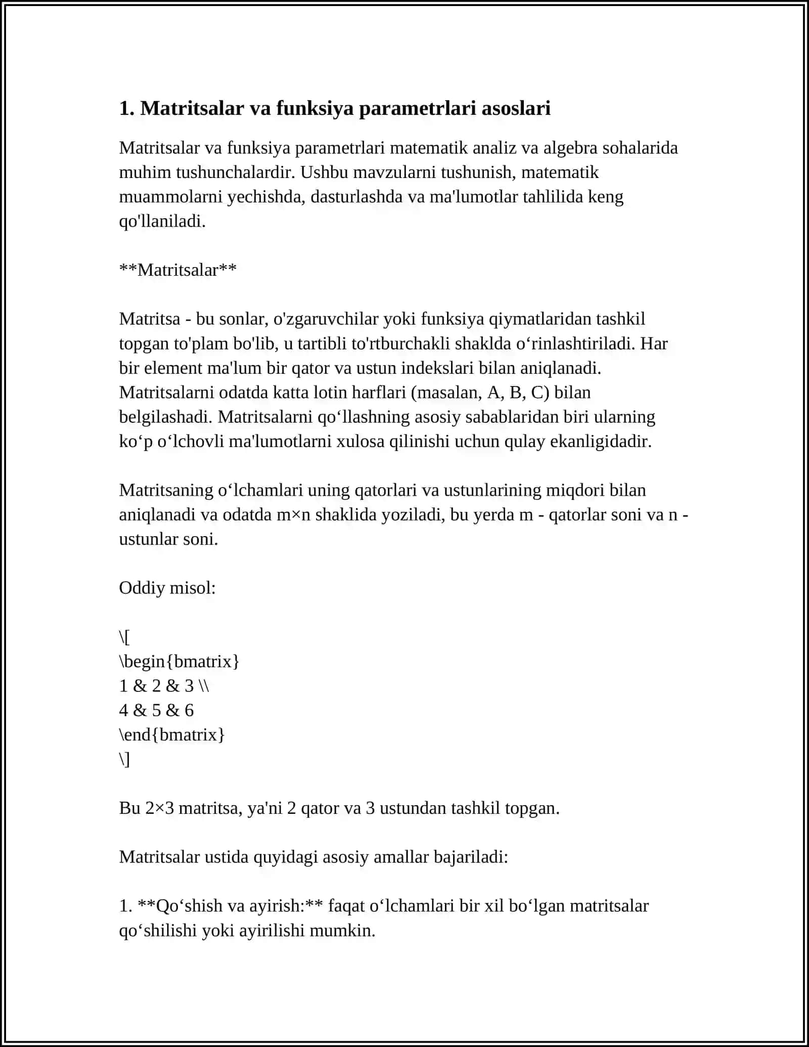 MATRITSALARNI FUNKSIYA PARAMETRLARI SIFATIDA QO`LLANILISHI 3