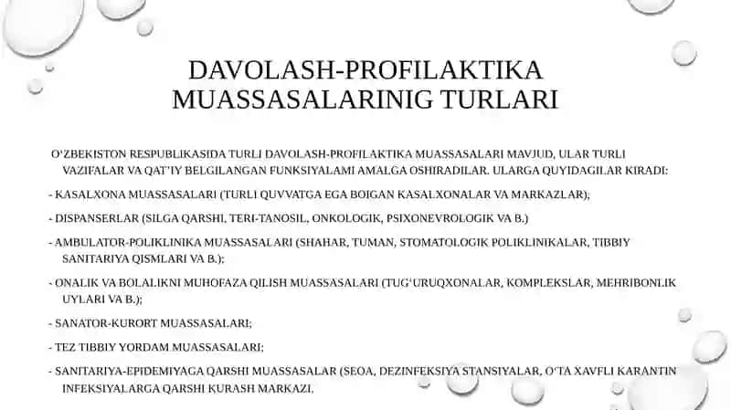 DAVOLASH PROFILAKTIKA MUASSASALARI GIGIYENASINING UMUMIY ASOSLARI. DAVOLASH PROFILAKTIKA MUASSASALARI QURILISHINING GIGIYENIK ASOSLARI 3
