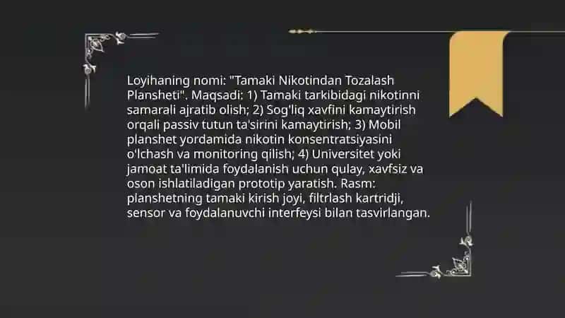 Tamaki tarkibidan nikotinni ajratib olish loyiha plansheti 3