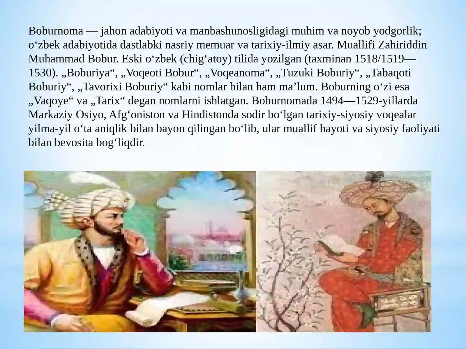 Boburnoma o’zbek adabiyoti tarixidagi ilk me’muar sifatida 3