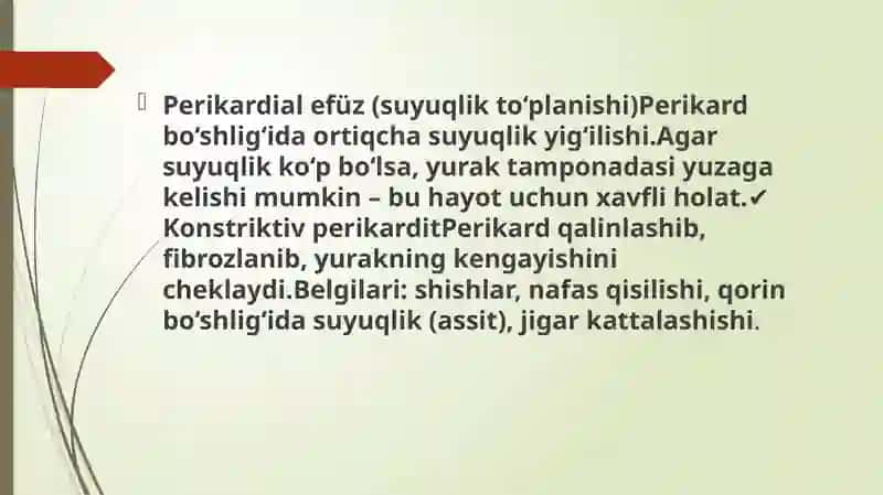 PERIKARD KASALLIKLARI. YURAK O‘SMALARI.YURAKTRANSPLANTATSIYALARI. 3