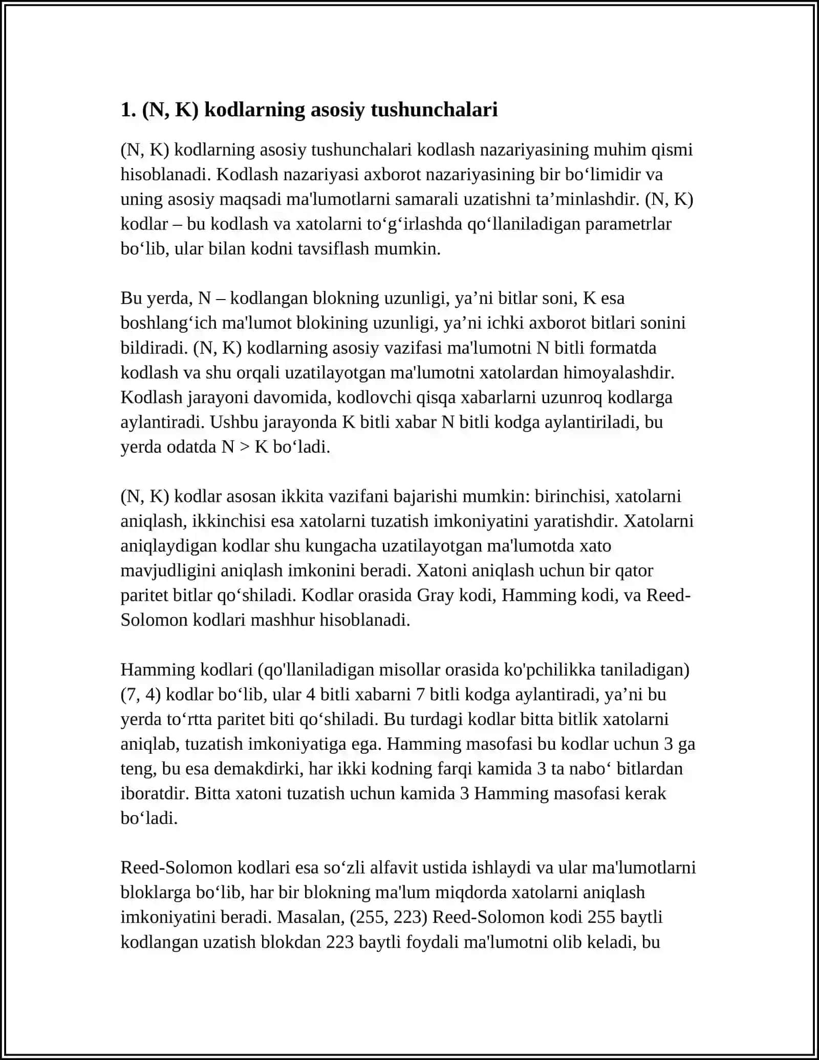 ( N,K ) KODLARINI TUZISH TAMOYILLARI 3