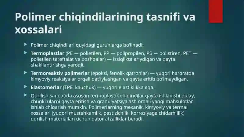 Polimer chiqindilaridan qurilish materiallari ishlab chiqarish 3