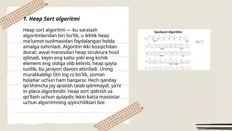 Asosiy saralash algoritmlarini amalga oshirish. Heap Sort haqida. 3