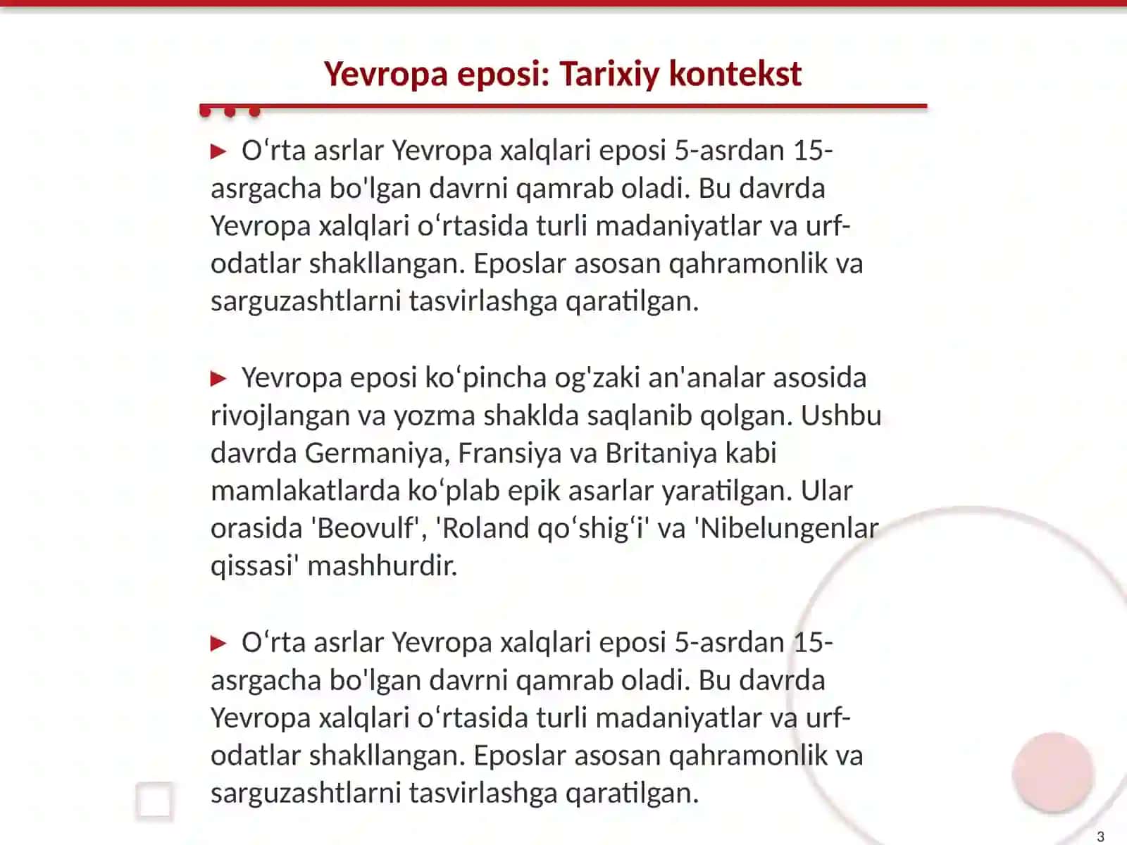 Oʻrta asrlar Yevropa xalqlari eposi 3