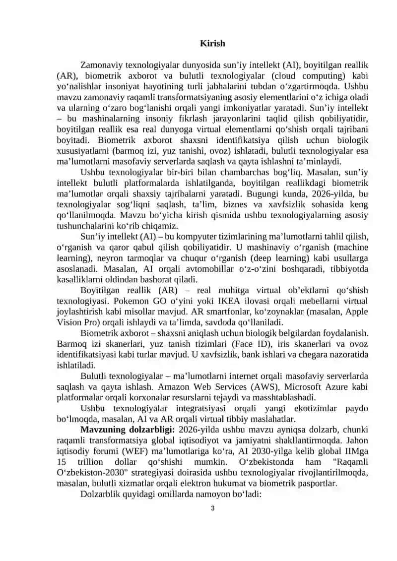 Sun’iy intellekt. Boyitilgan reallik. Biometrik axborot. Bulutli texnologiyalar 3