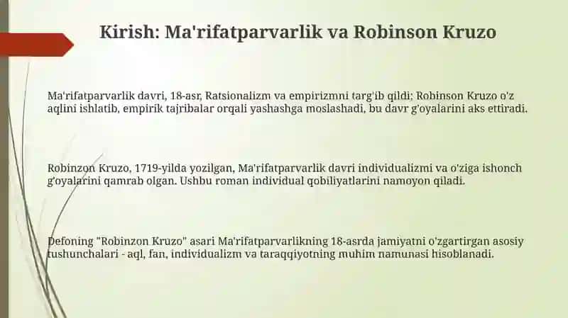 Daniel Defoning "Robinzon Kruzo" romanidagi ma'rifatgʻoyasi 3