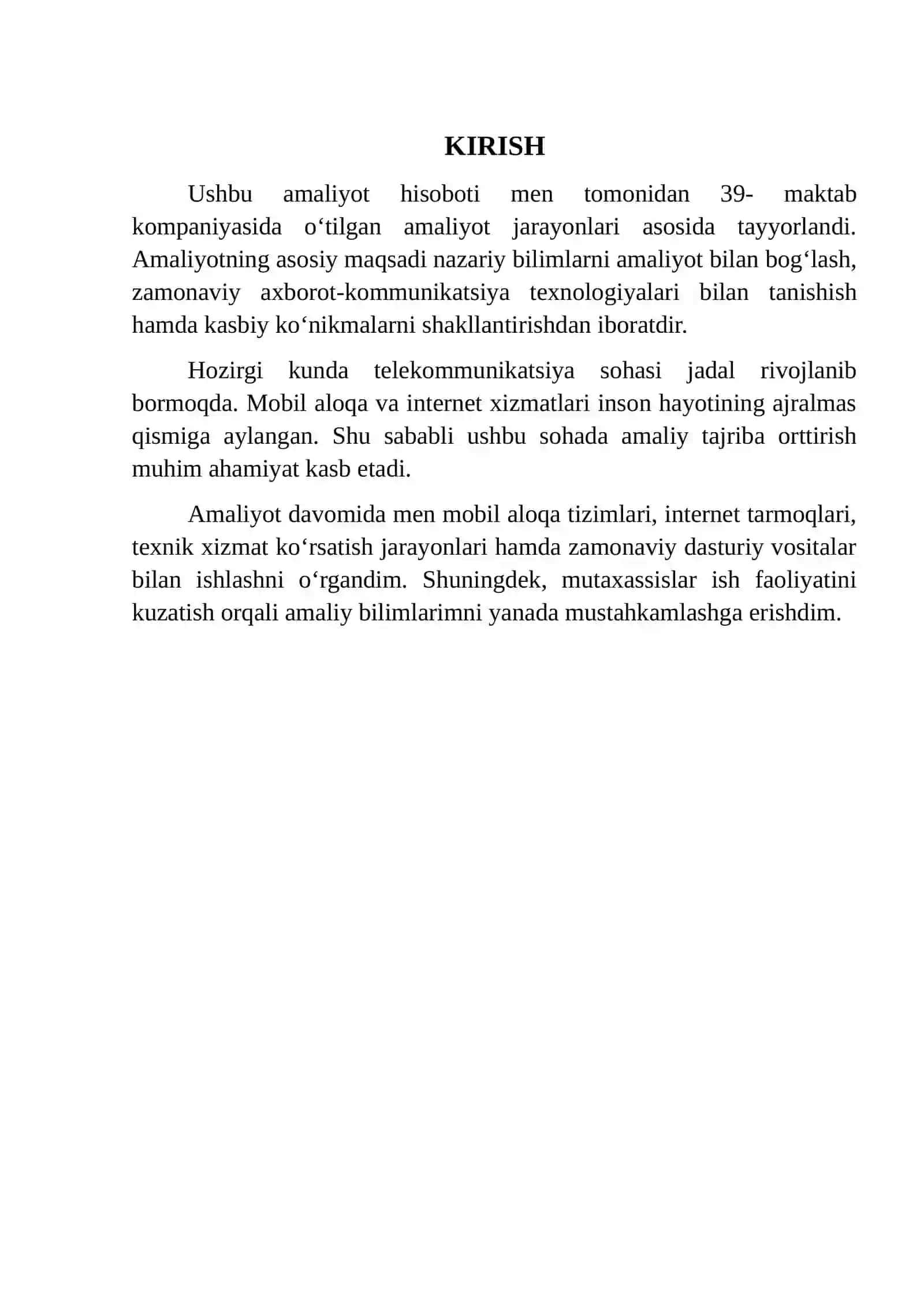 ISHLAB CHIQARISH MALAKAVIY AMALIYOT HISOBOTI 3