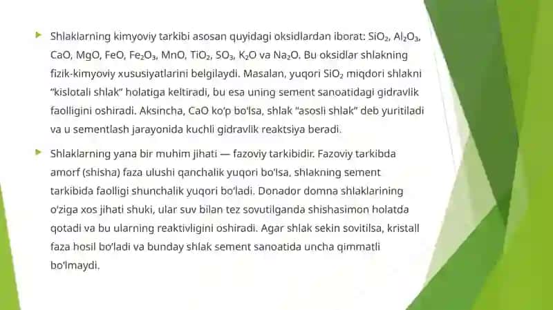 Shlaklar kimoviy tarkibi, Shlakli sementlar 3