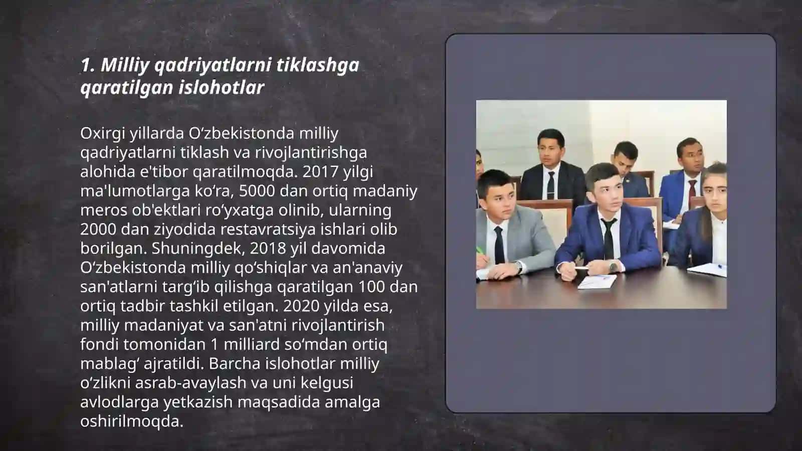 Oʻzbekistonda milliy qadriyatlar va tarixni tiklash borasidagi islohotlar mazmuni 3