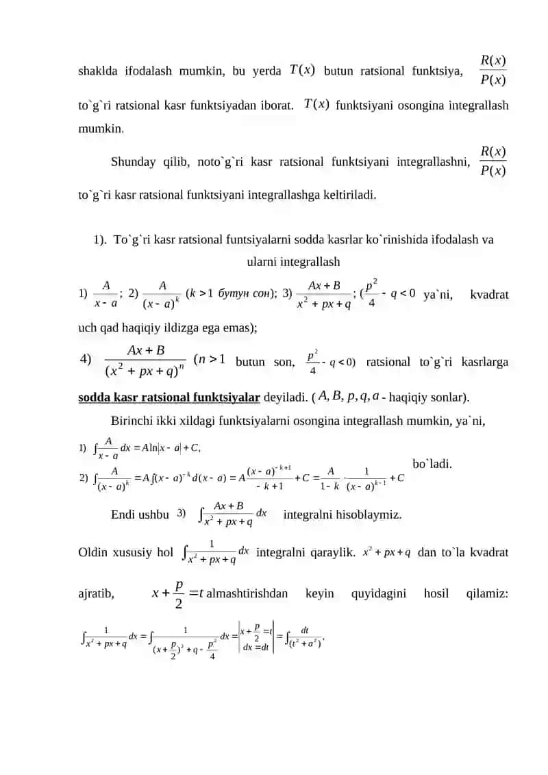 Eng sodda ratsional kasrlar va ularni  intеgrallash 3