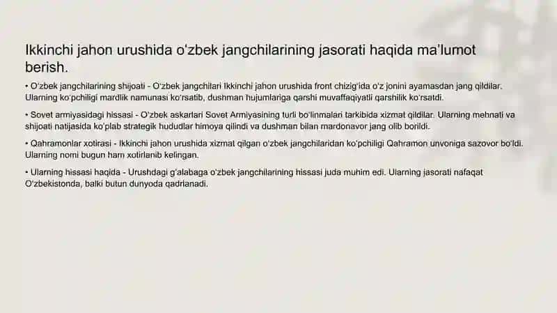 Ikkinchi jahon urushida O‘zbek jangchilarining ko‘rsatgan qahramonliklari 3