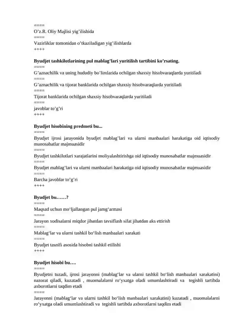 Byudjet hisobi fanidan testlar Yakuniy 3