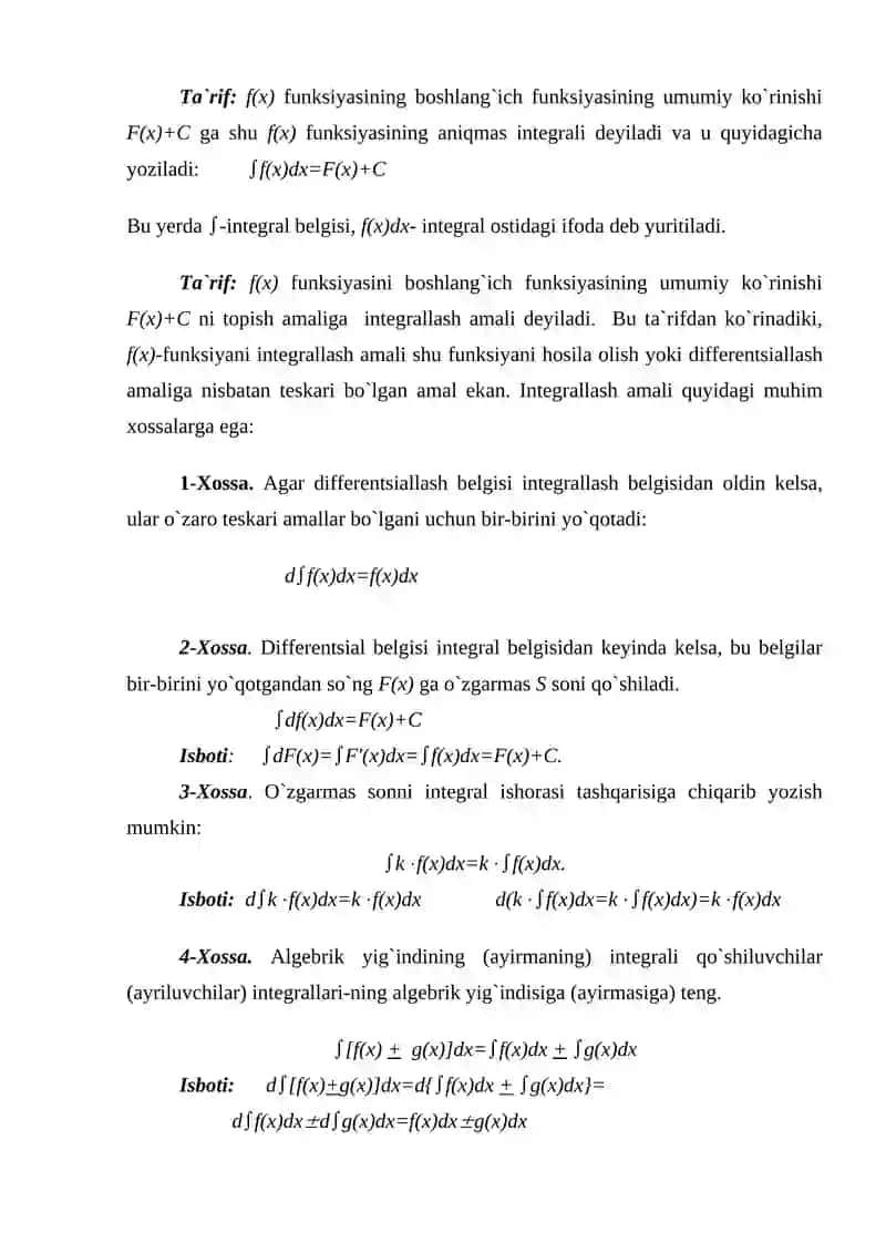 Aniqmas Integralning Asosiy Xossalari 3