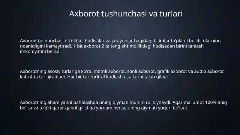 Axborot. Axborot turlari va xususiyatlari 3