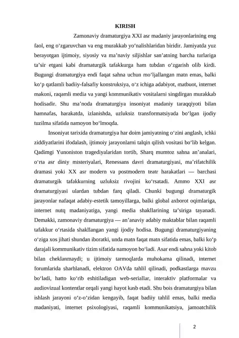 ZAMONAVIY DRAMATURGIYA (ADABIYOT VA MATBUOT, INTERNET MATERIALLARI) 3