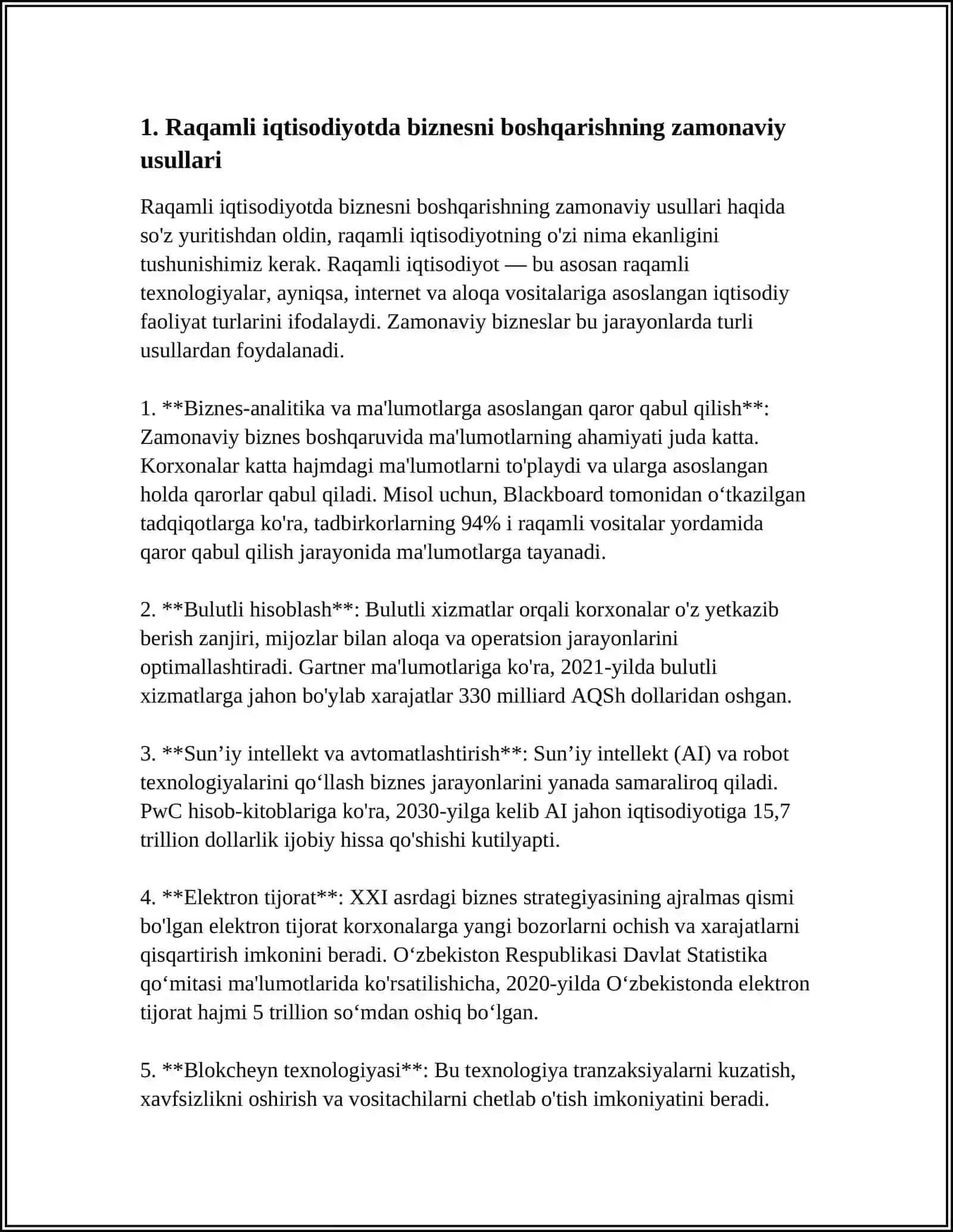 RAQAMLI IQTISODIYOTDA BIZNESNI BOSHQARISHNING XUSUSIYATLARI.MOBIL TEXNOLOGIYALAR.NEYROTEXNOLOGIYALAR VA SUN 'IY INTELLEKT.BIZNESDA FIKRLASH DIZAYNI.VIRTUAL VA TÓLDIRILGAN REALLIK TEXNOLOGIYALARI 3