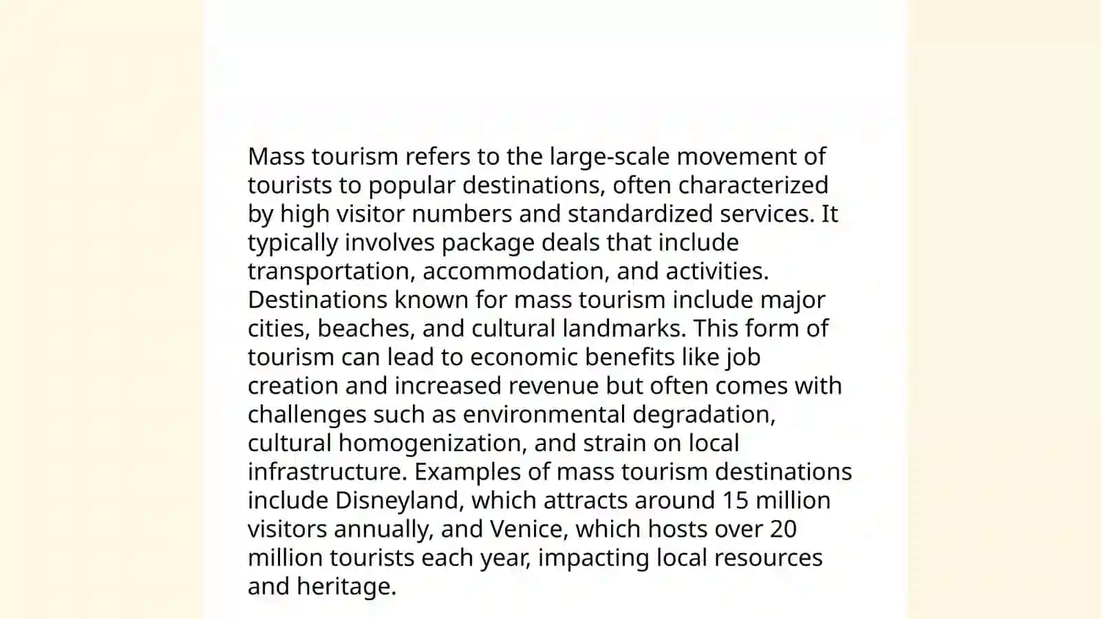 Types of Tourism: Define and give examples of mass, niche, eco, and adventure tourism 3
