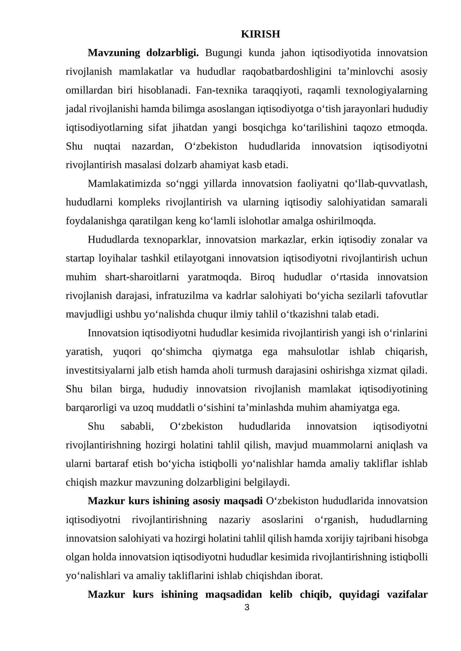 Kurs ishi "Innovatsion iqtisodiyotni rivojlantirish istiqbollari" 3