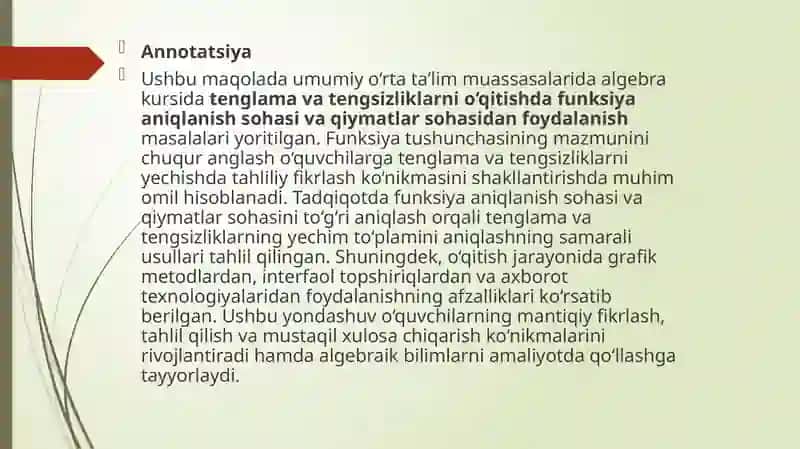 Tenglama va tengsizliklarda funksiya aniqlanish va qiymatlar sohasi topish 3