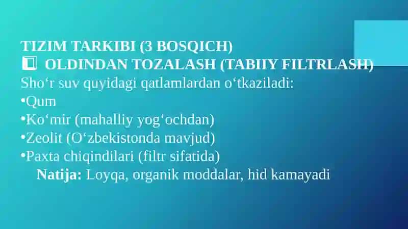 O'zberistonsharoitidasho'r suvlarini chuchuklashtirish g'oyasi 3
