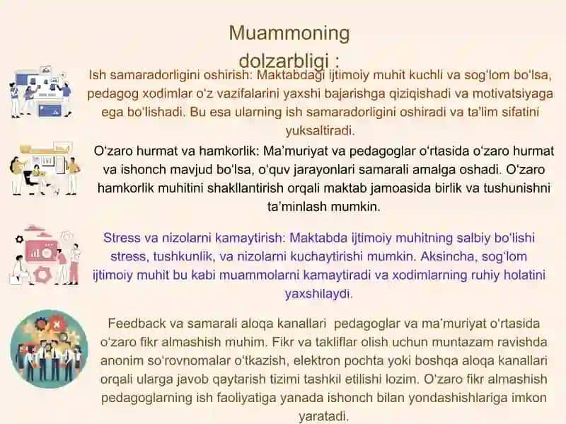 MAKTABDA MA‘MURIYAT VA PEDAGOG XODIMLAR O‘RTASIDA IJTIMOIY MUHITNI YARATISH 3
