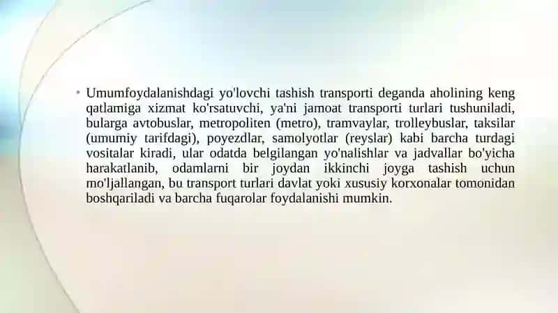 Umumfoydalanish yo‘lovchilar tashish transporti 3