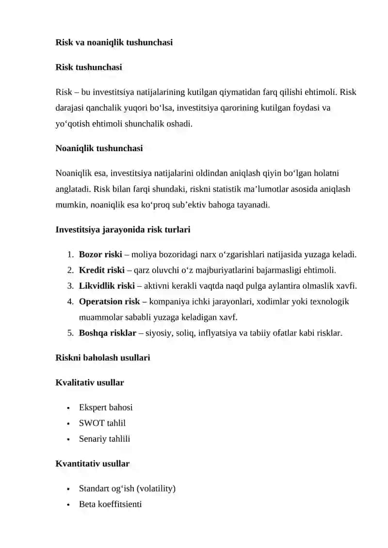 Investitsiya Jarayonida Risk va Noaniqlik 3