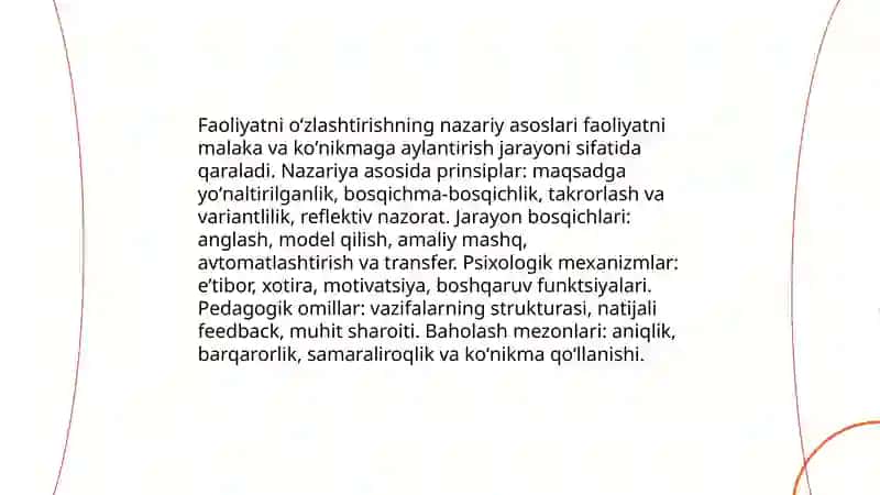 Faoliyatning oʻzlashtirilishi va malakalarini egallash 3