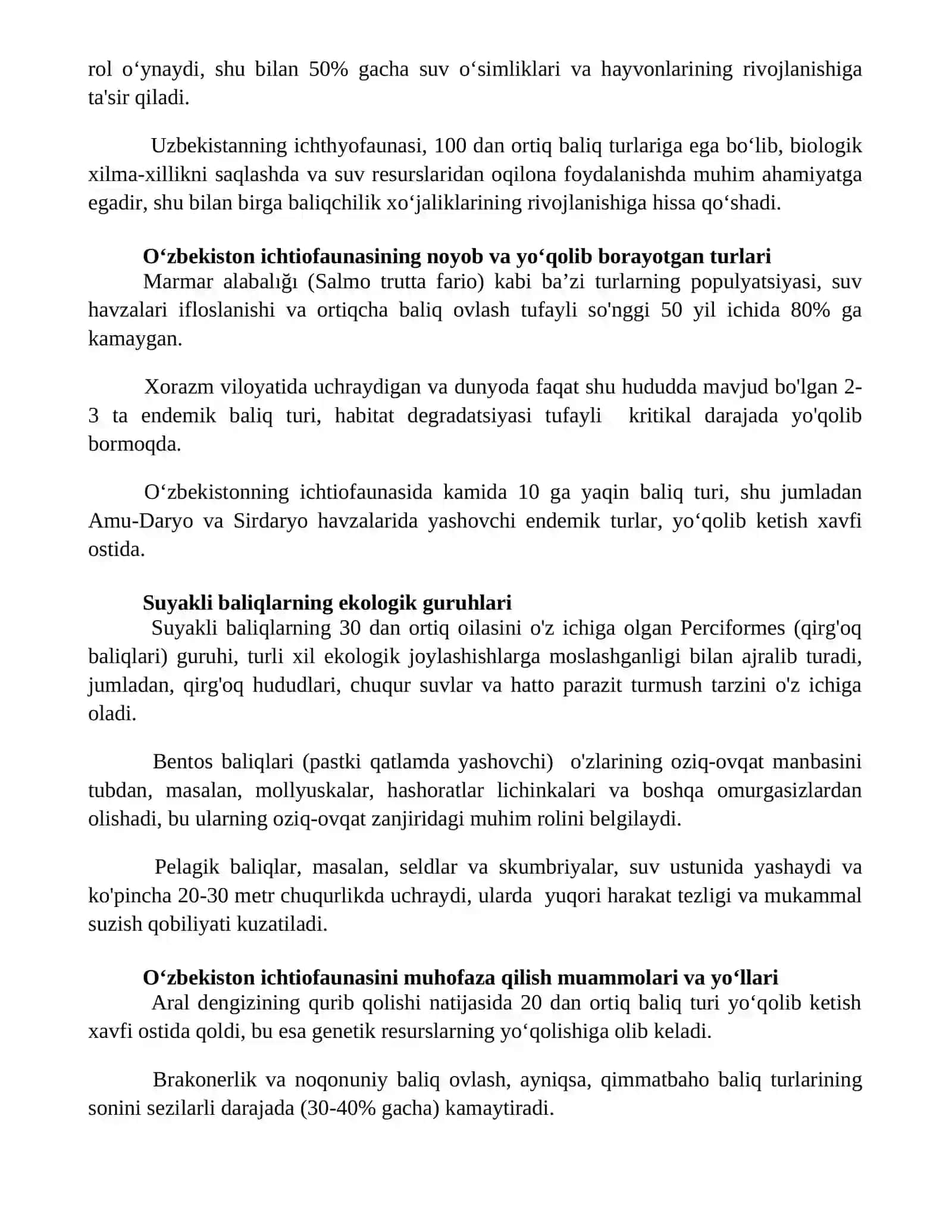 Suyakli baliqlarning ekologik guruhlari. O’zbekiston ixtiofaunasining o’ziga xos 3