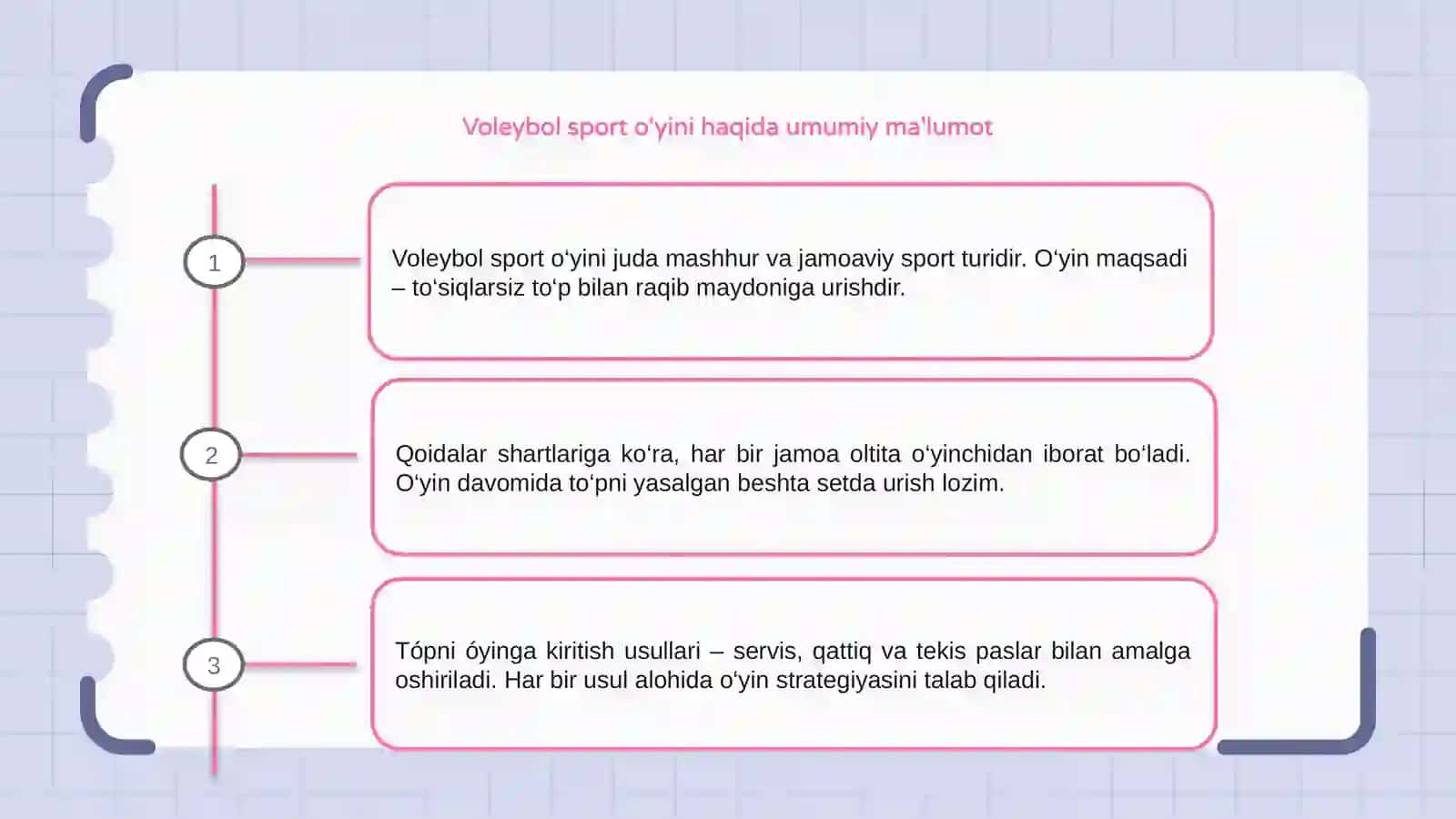 Voleybol sport óyini qoidalari va tópni óyinga kiritish usullari 3