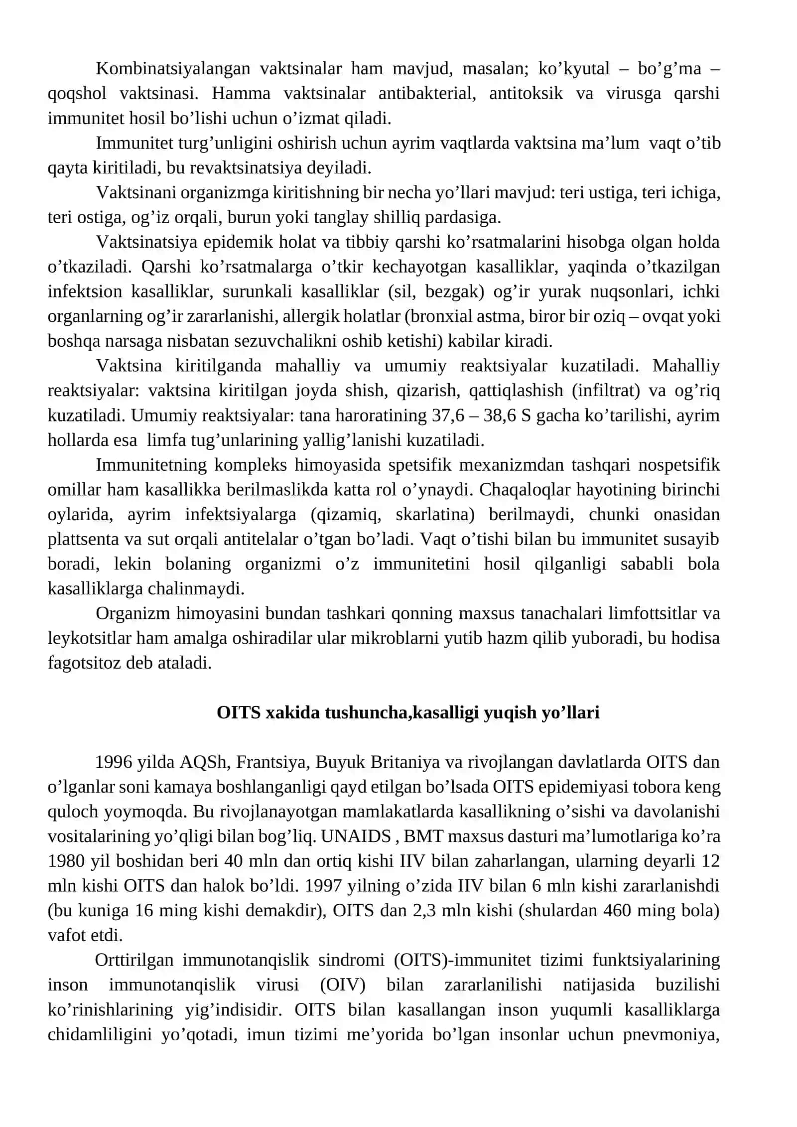 OITS haqida tushuncha, kasalligi yuqish yo’llari, OIV infektsiyasi. OITS kasalligining rivojlanishi. Immun holat 3