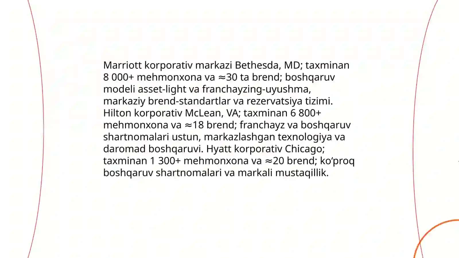 Xalqaro mehmonxona tarmoqlari (Marriott, Hilton, Hyatt) misolida boshqaruv modellarini qiyosiy tahlil qilish 3
