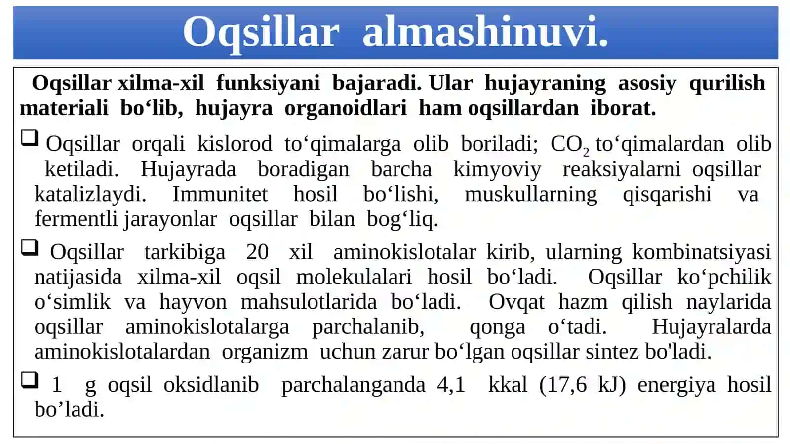 "Oqsillar, yog‘lar va  karbonsuvlar almashinuvi" mavzusida 8-sinf biologiya fanidan dars ishlanma. 3
