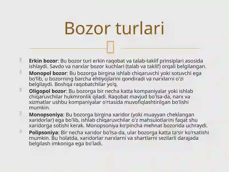Bozor va uning turlari. Monopoliya. Oligopoliya. 3