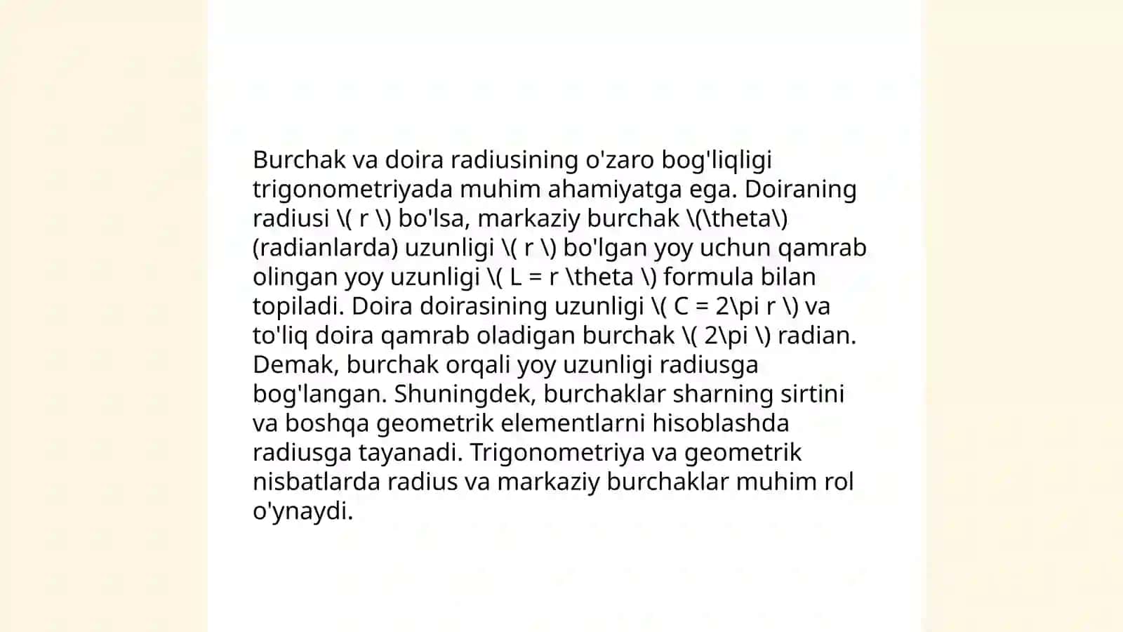 Burchakning radian o'lchovi 3